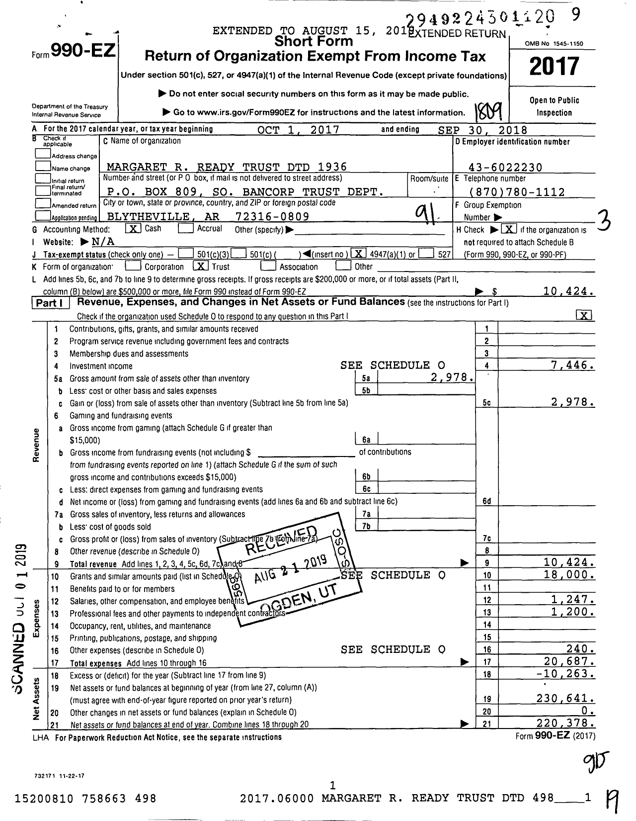 Image of first page of 2017 Form 990EO for Margaret R Ready Trust DTD 1936