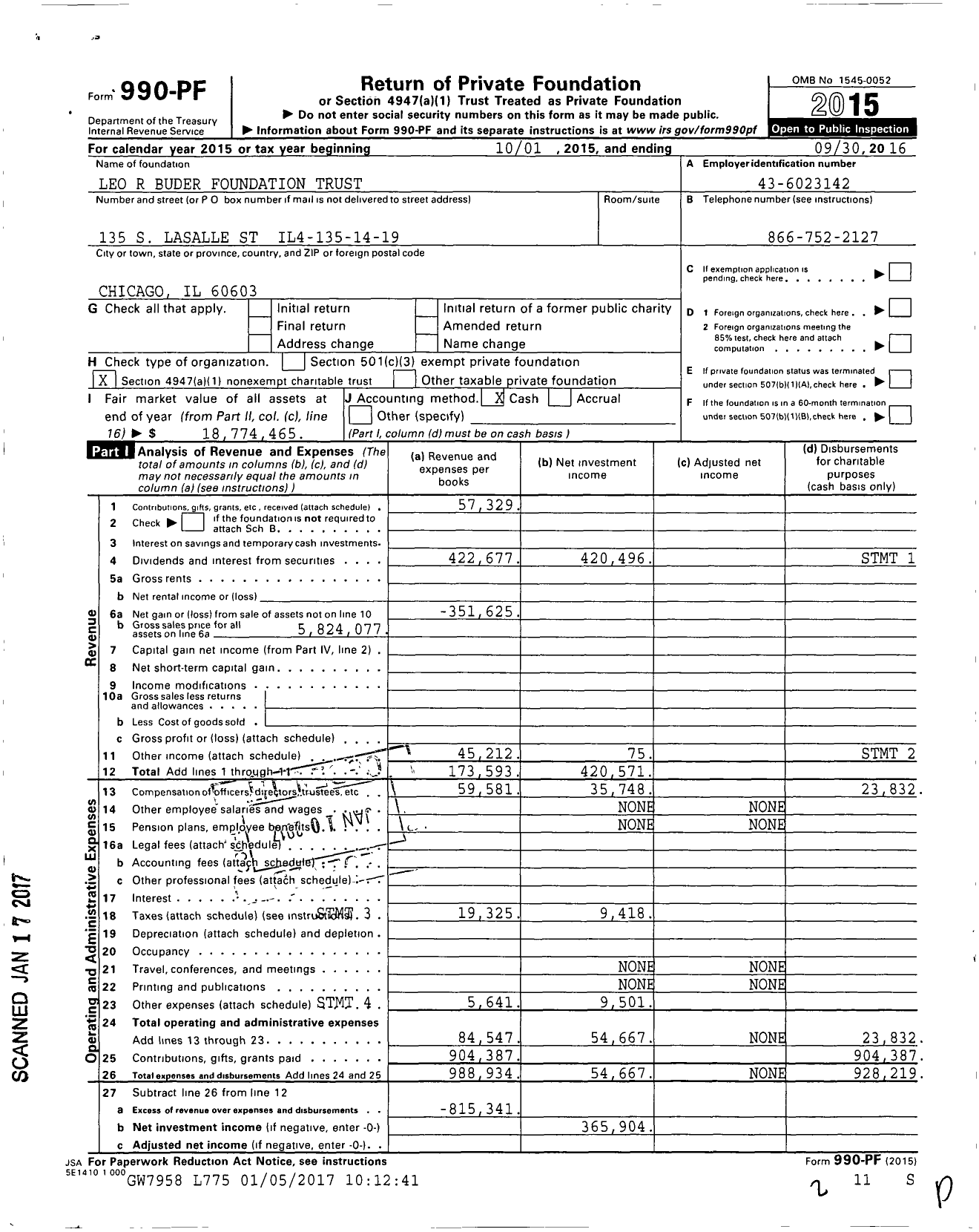 Image of first page of 2015 Form 990PF for Leo R Buder Foundation Trust