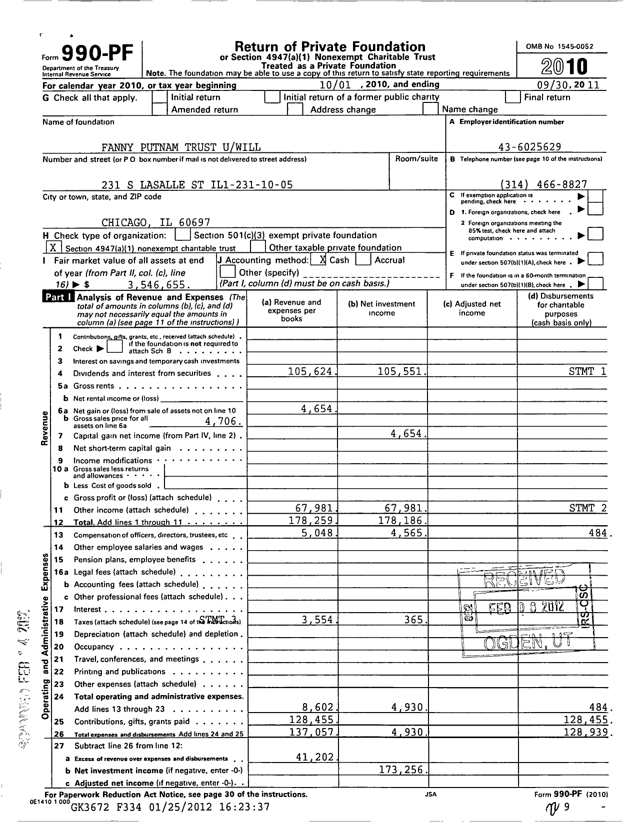 Image of first page of 2010 Form 990PF for Fanny Putnam Trust U Will