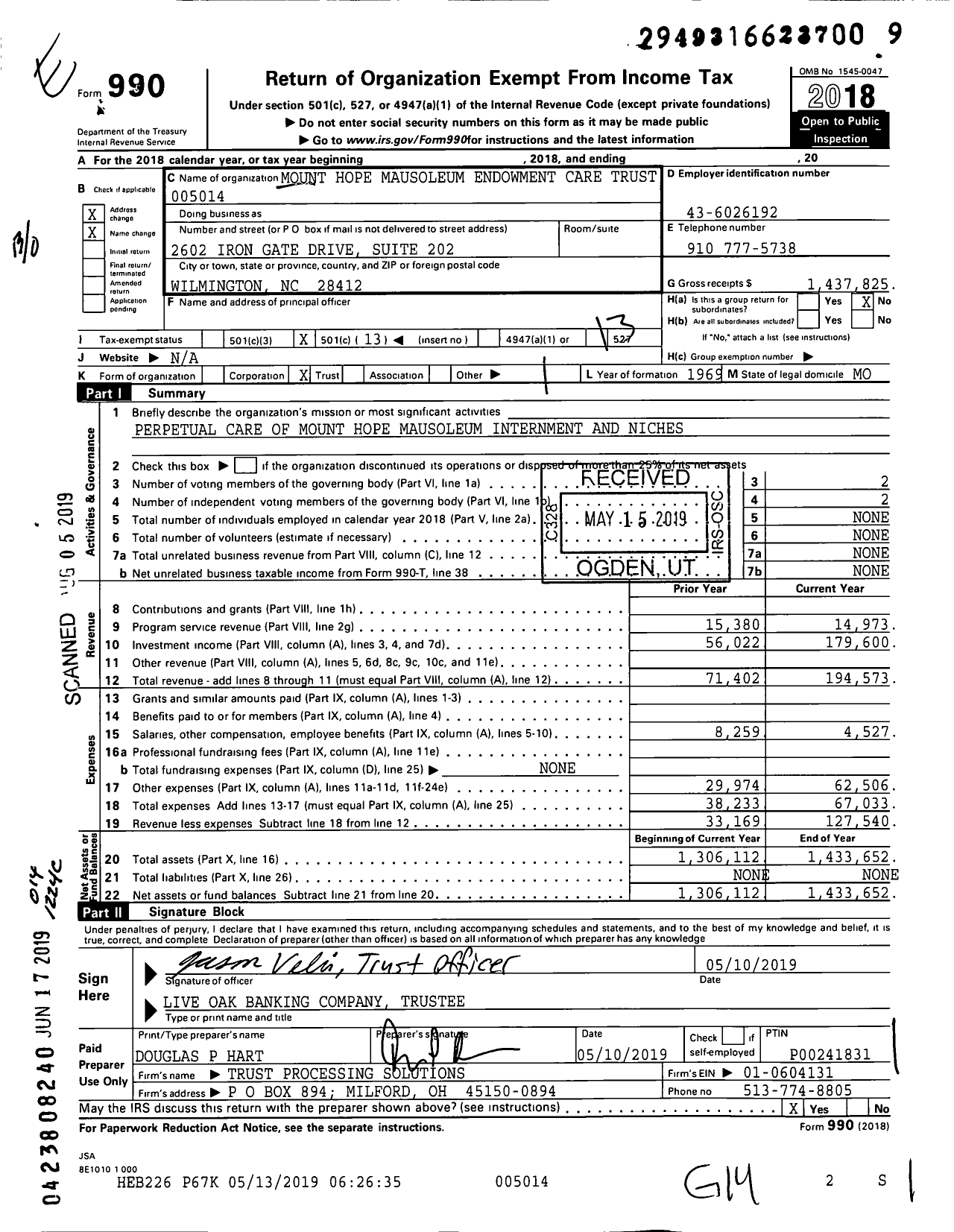Image of first page of 2018 Form 990O for Mount Hope Mausoleum Endowment Care Trust