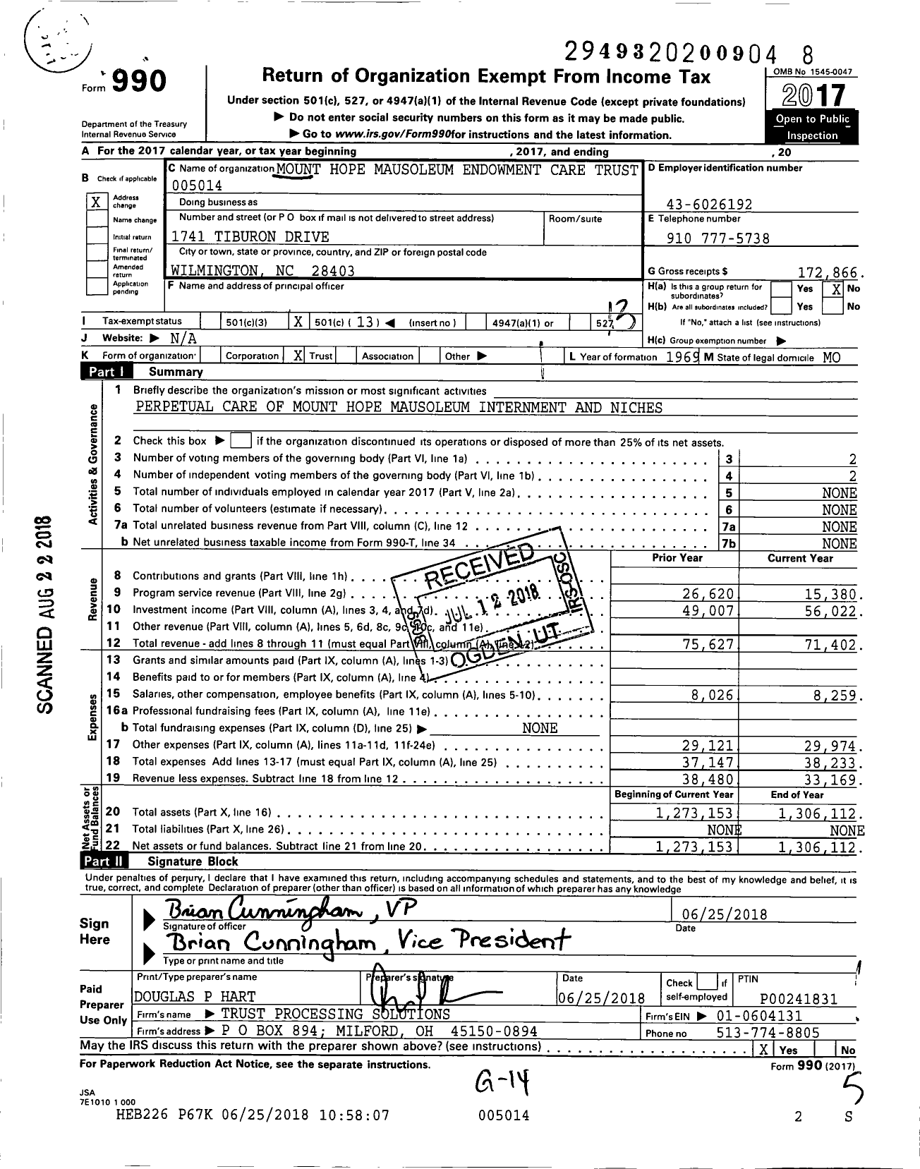 Image of first page of 2017 Form 990O for Mount Hope Mausoleum Endowment Care Trust