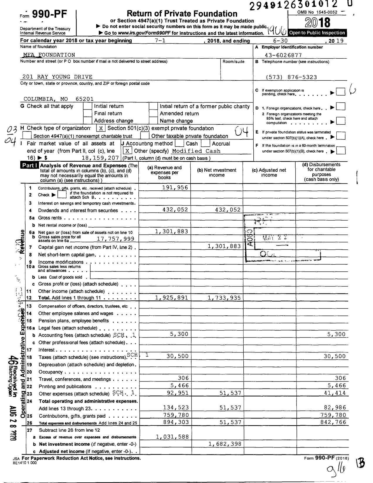 Image of first page of 2018 Form 990PF for Mfa Foundation