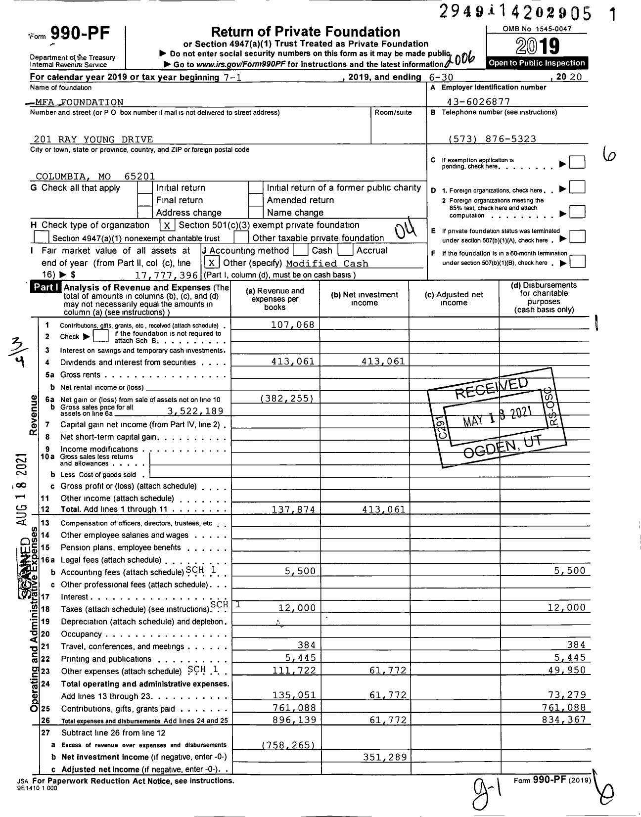 Image of first page of 2019 Form 990PF for Mfa Foundation