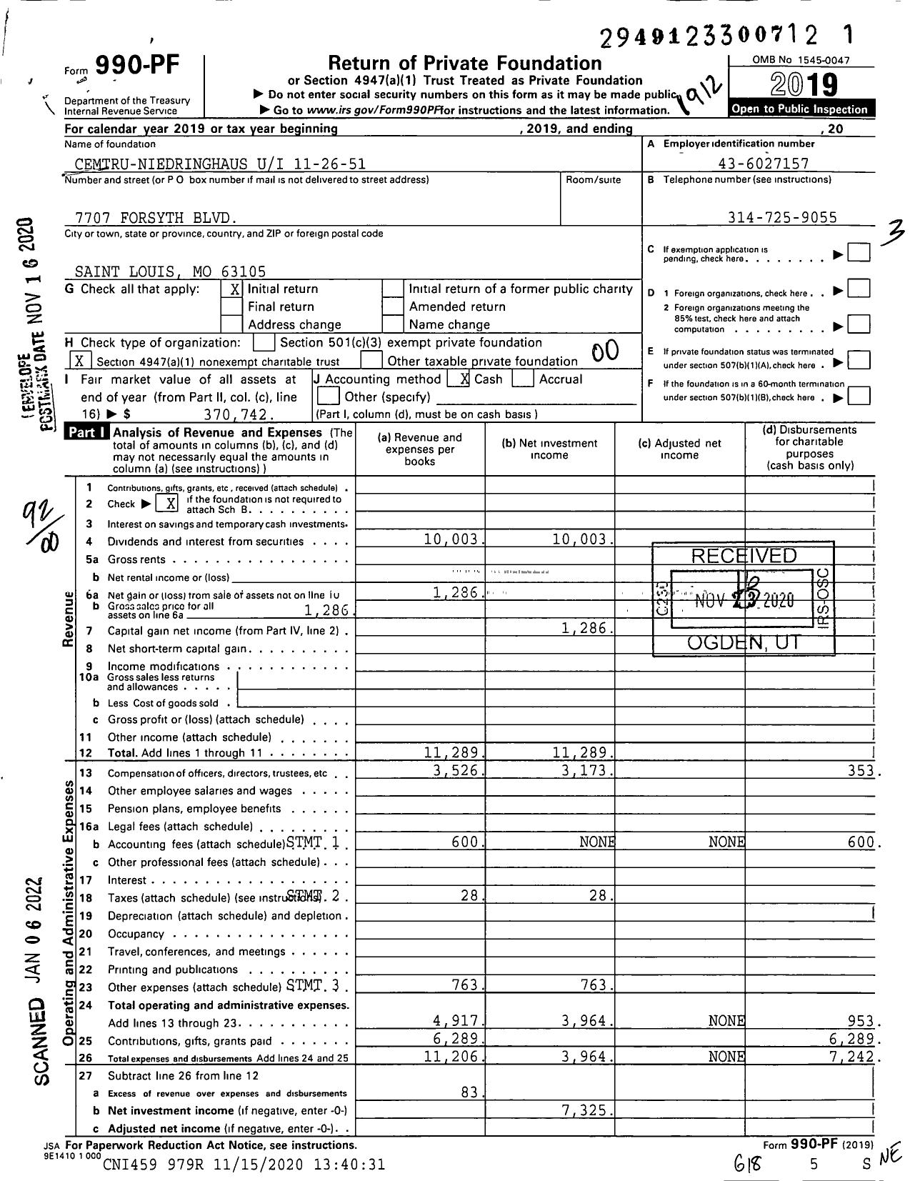 Image of first page of 2019 Form 990PF for Cemtru-Niedringhaus Ui 11-26-51