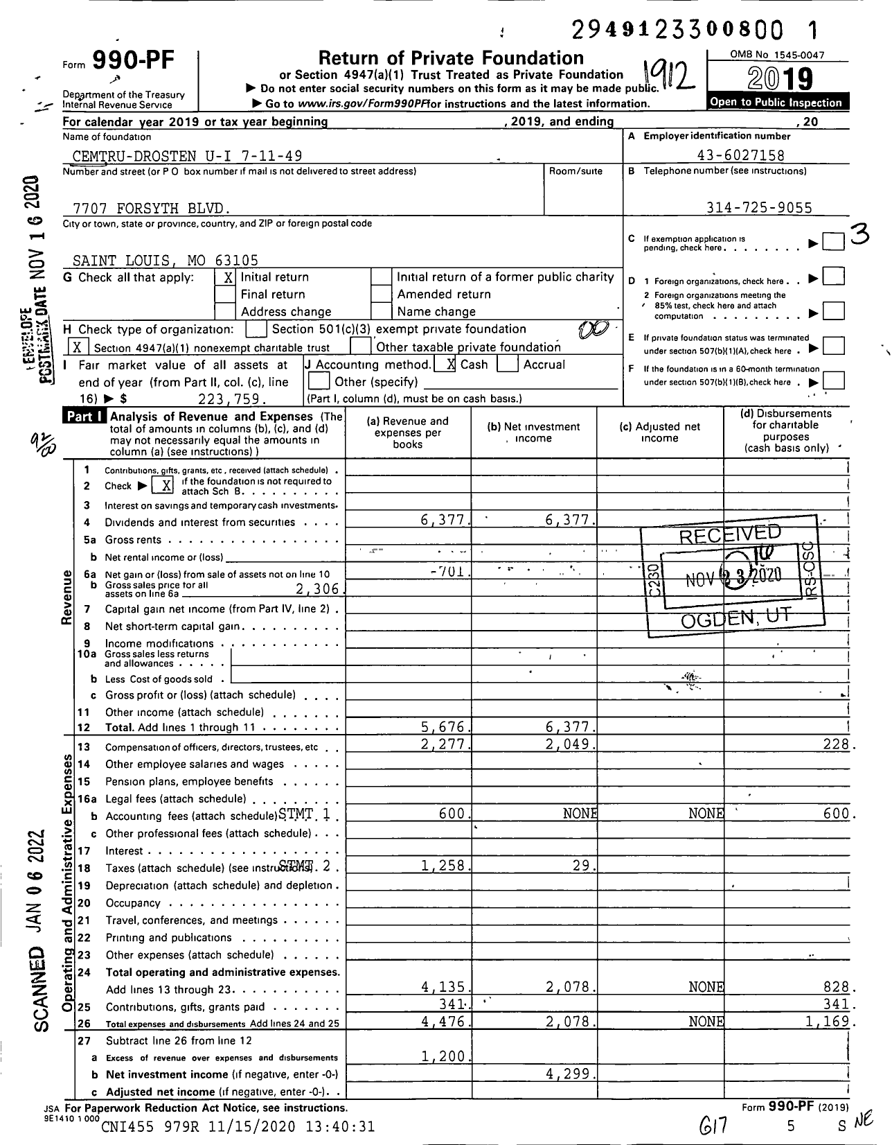 Image of first page of 2019 Form 990PF for Cemtru-Drosten U-I 7-11-49