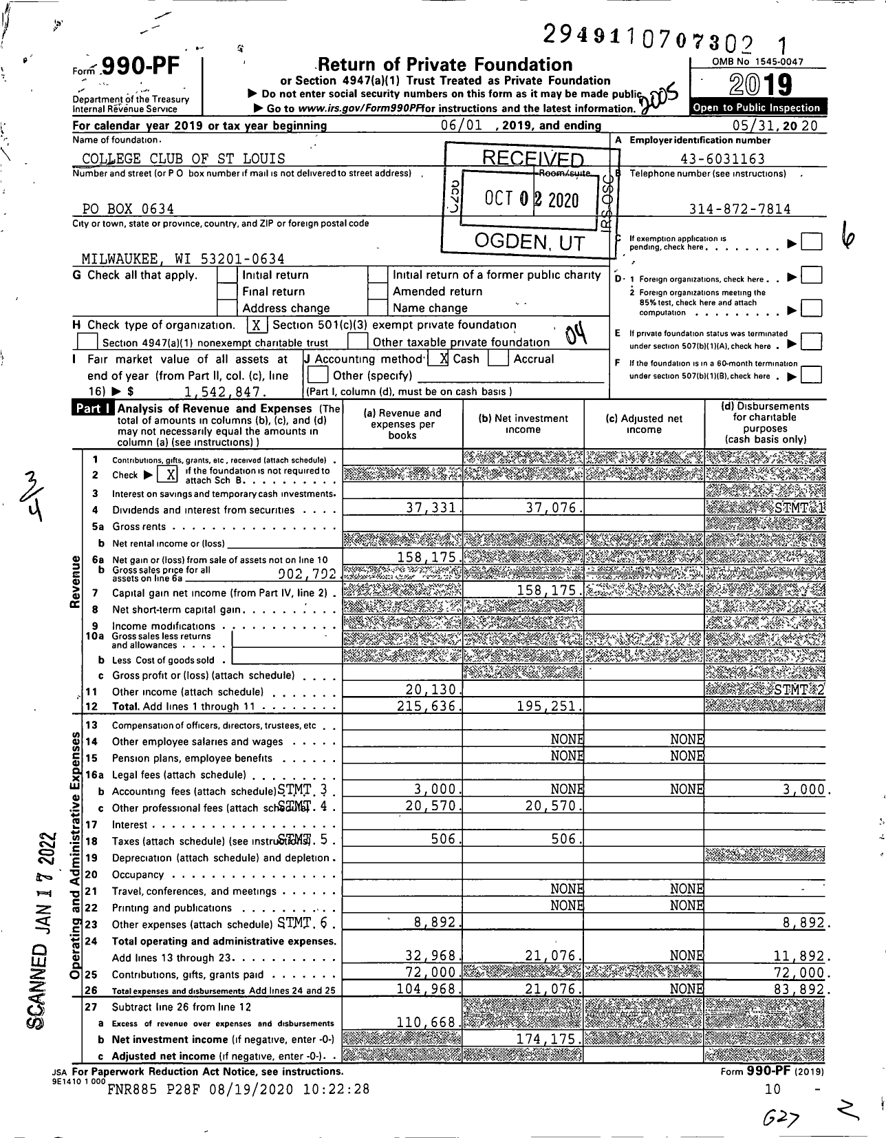 Image of first page of 2019 Form 990PF for College Club of St Louis