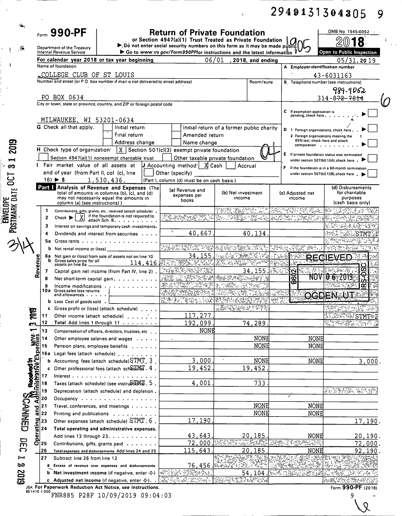 Image of first page of 2018 Form 990PF for College Club of St Louis