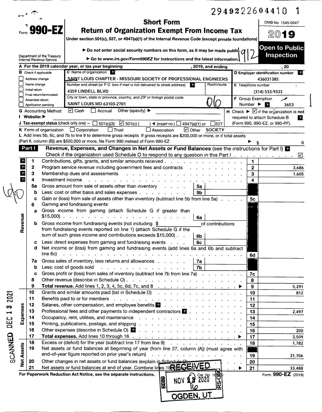 Image of first page of 2019 Form 990EO for Missouri Society of Professional Engineers / St Louis Chapter