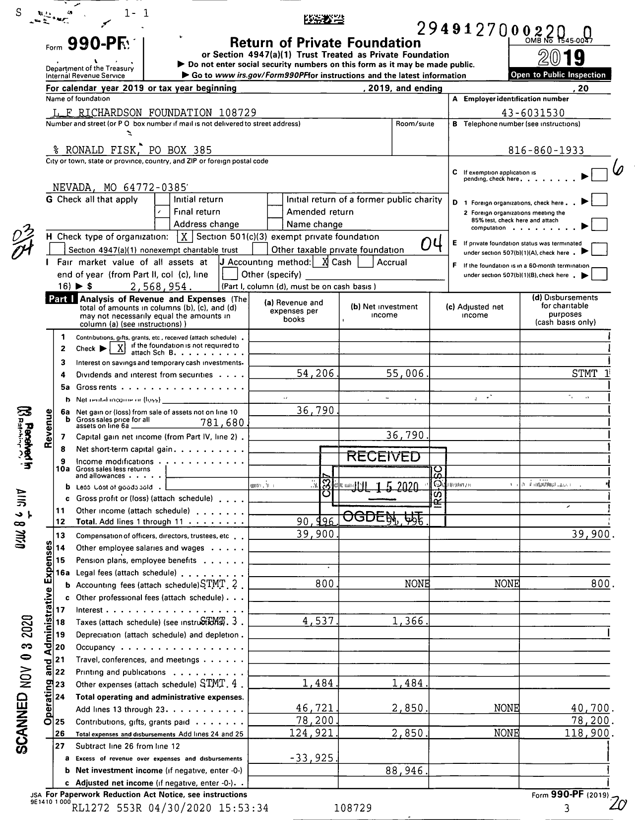 Image of first page of 2019 Form 990PF for L F Richardson Foundation 10872900