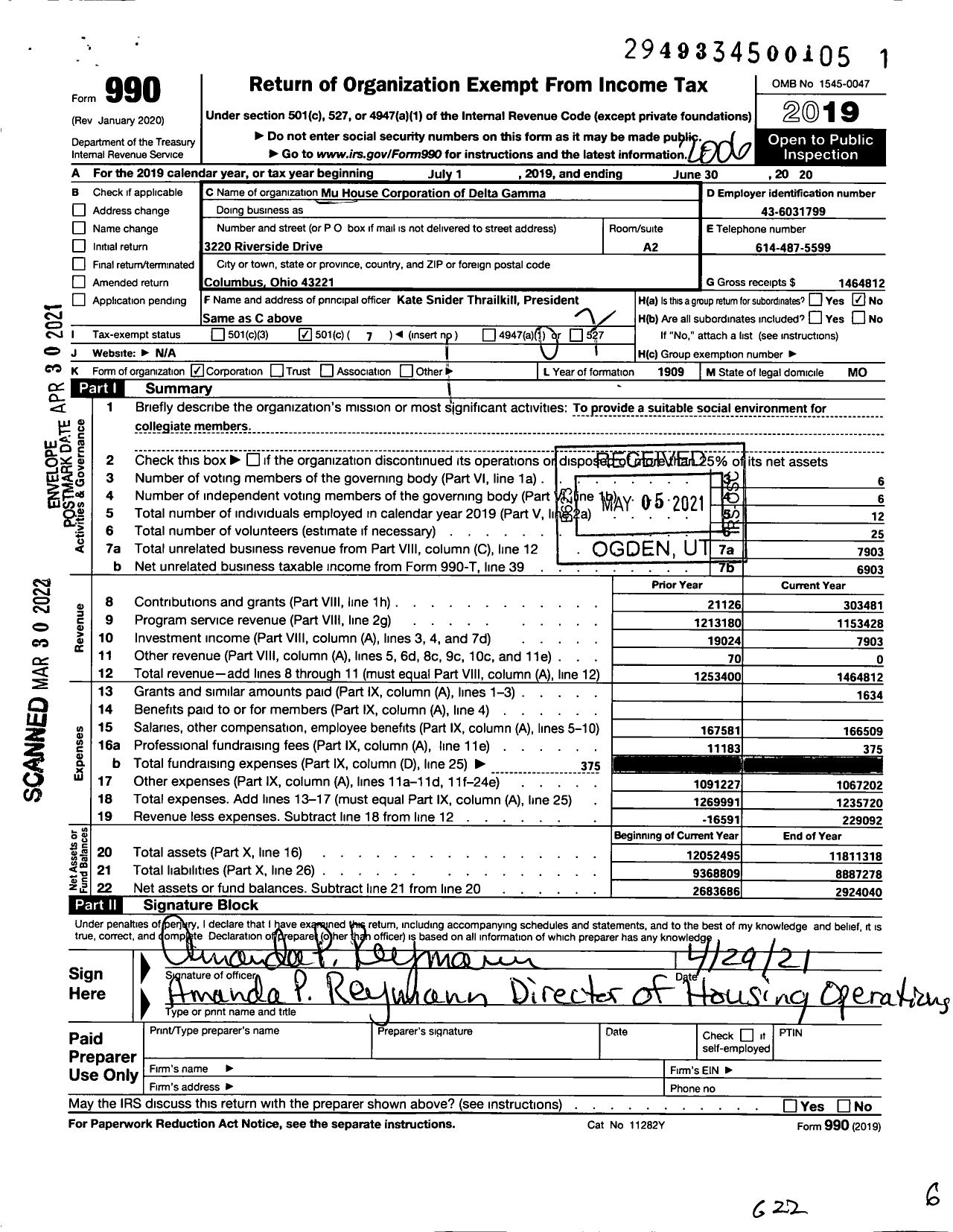 Image of first page of 2019 Form 990O for Mu House Corporation of Delta Gamma
