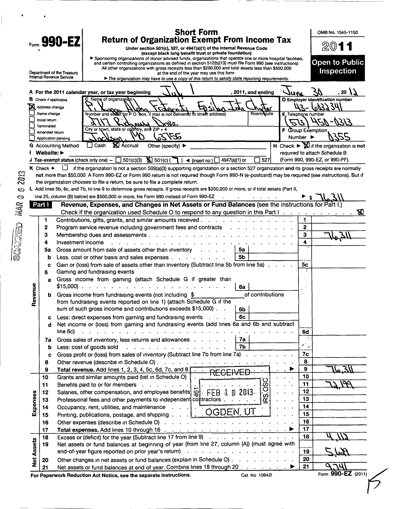 Image of first page of 2011 Form 990EO for Pi Kappa Alpha Fraternity Epsilon Iota Chapter