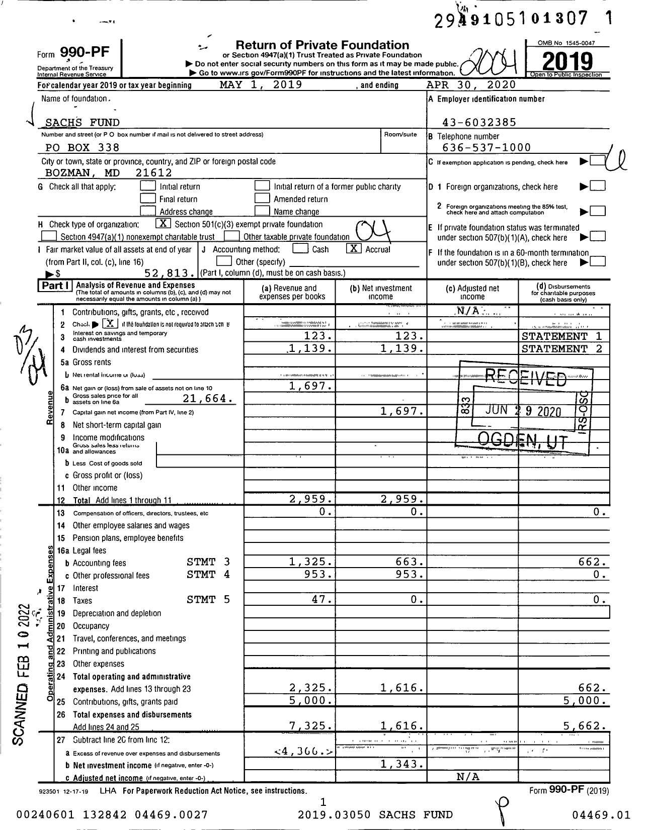 Image of first page of 2019 Form 990PF for Sachs Fund