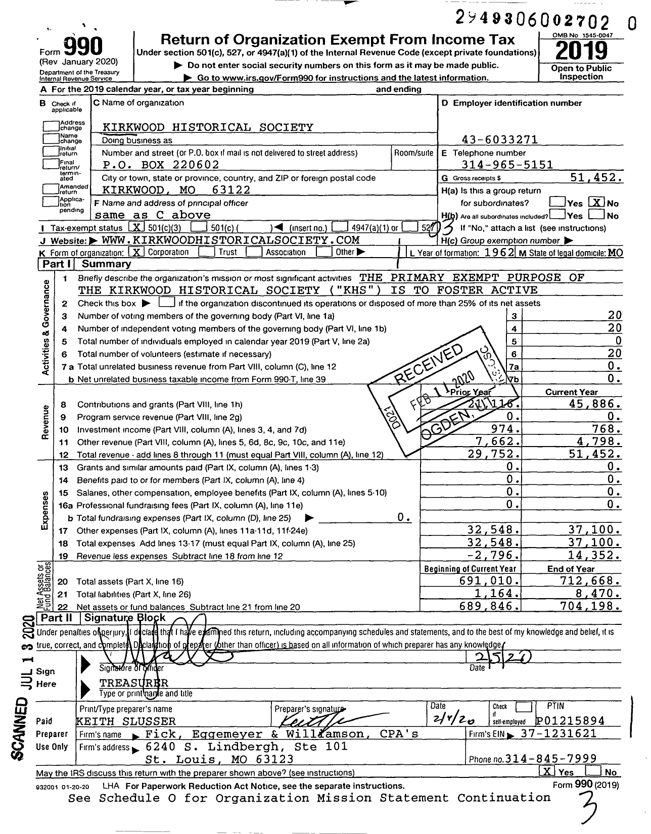 Image of first page of 2019 Form 990 for Kirkwood Historical Society