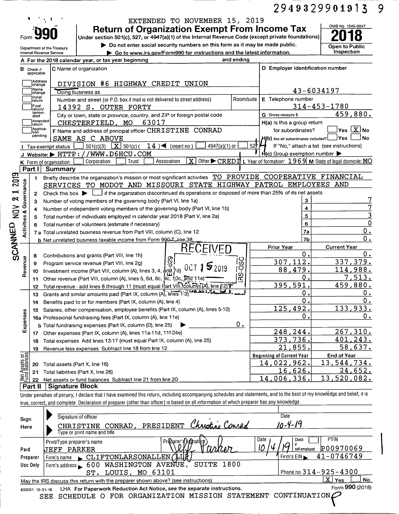 Image of first page of 2018 Form 990O for Division #6 Highway Credit Union