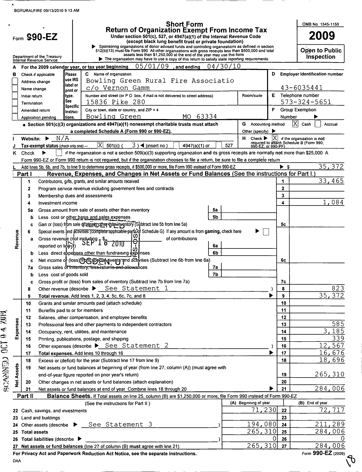 Image of first page of 2009 Form 990EZ for Bowling Green Rural Fire Associatn