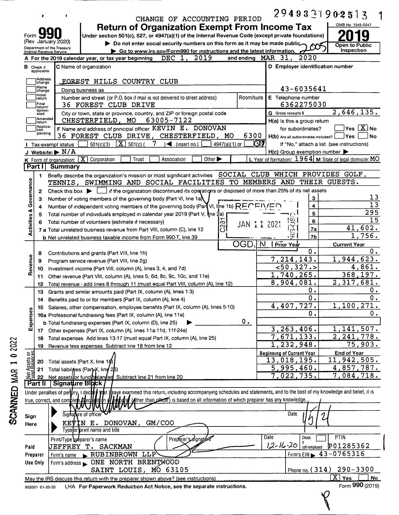 Image of first page of 2019 Form 990O for Forest Hills Country Club
