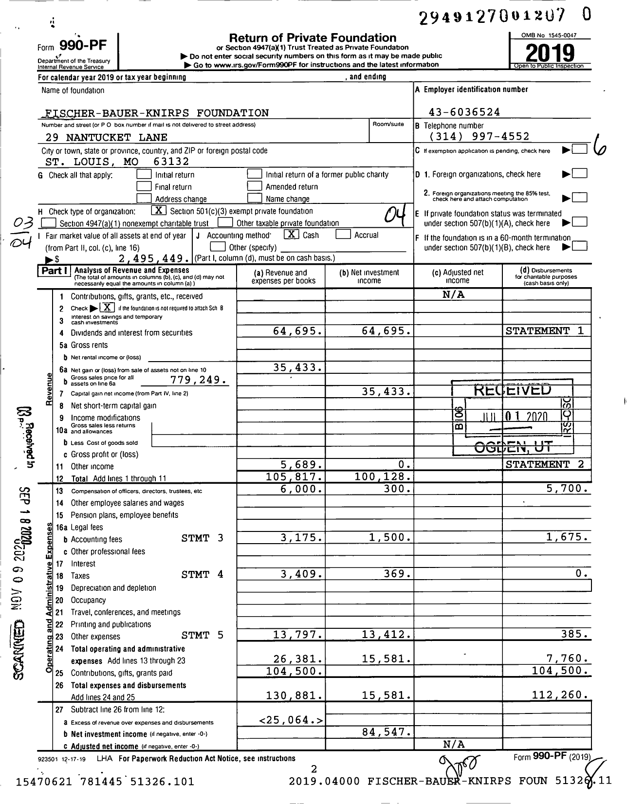 Image of first page of 2019 Form 990PF for Fischer-Bauer-Knirps Foundation