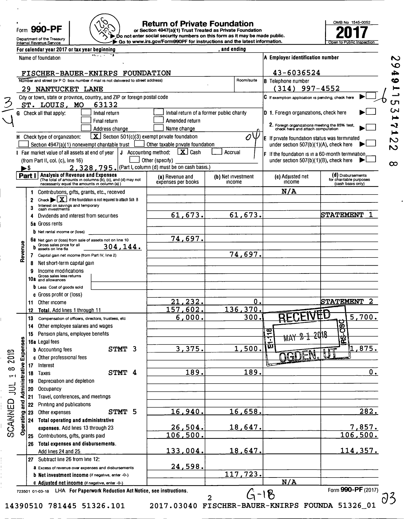 Image of first page of 2017 Form 990PF for Fischer-Bauer-Knirps Foundation