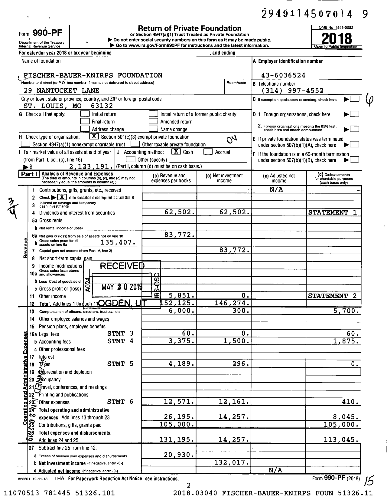 Image of first page of 2018 Form 990PF for Fischer-Bauer-Knirps Foundation