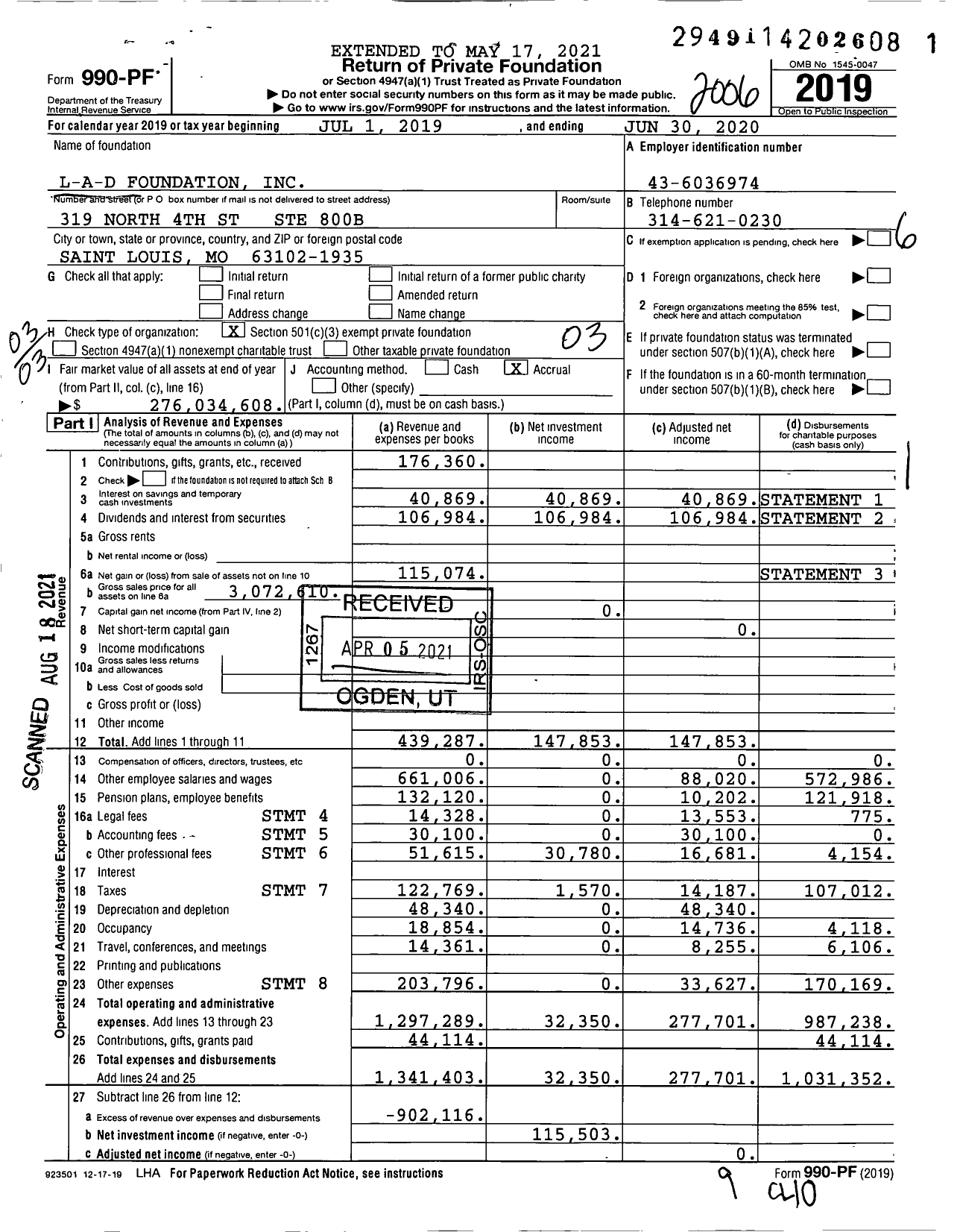 Image of first page of 2019 Form 990PF for L-A-D Foundation