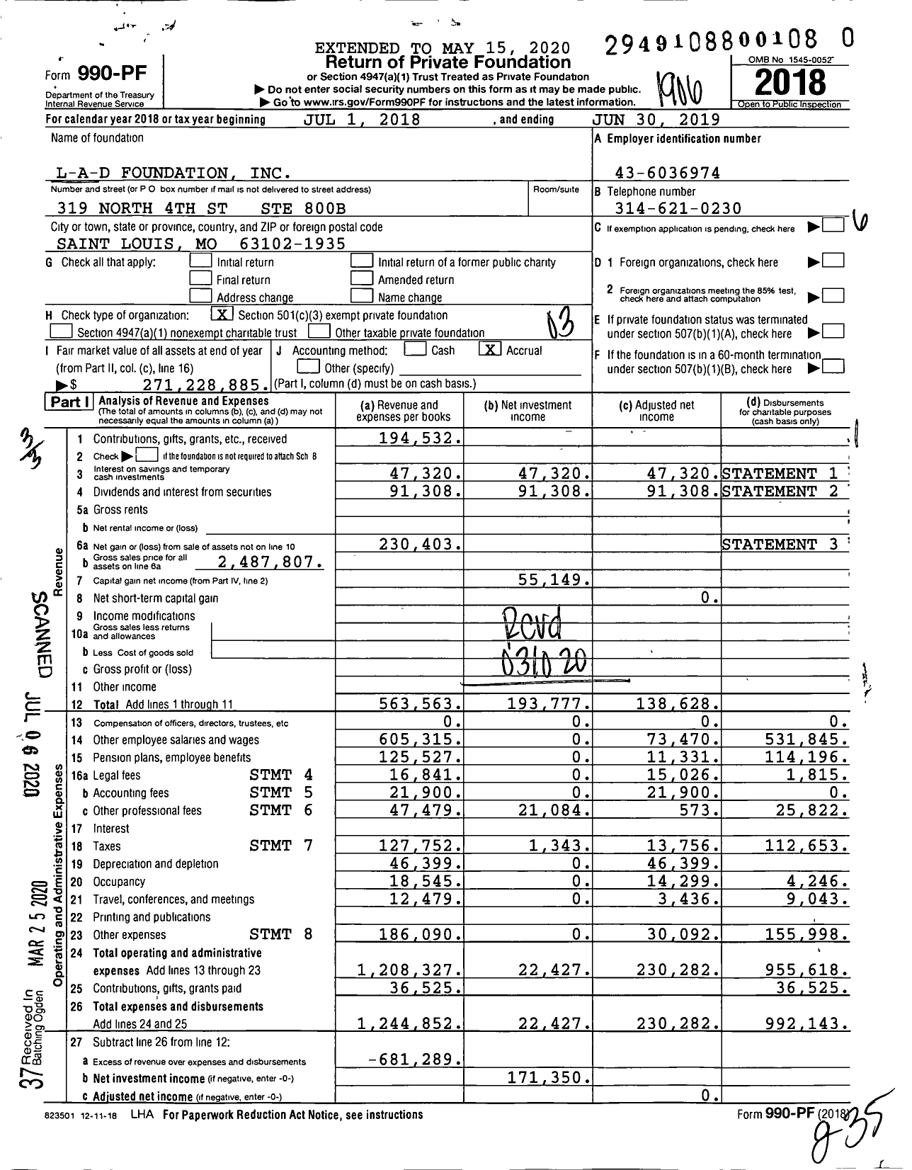 Image of first page of 2018 Form 990PR for L-A-D Foundation