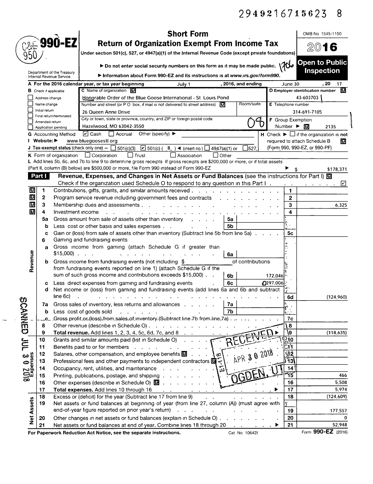 Image of first page of 2016 Form 990EO for Honorable Order of the Blue Goose International - St Louis Pond