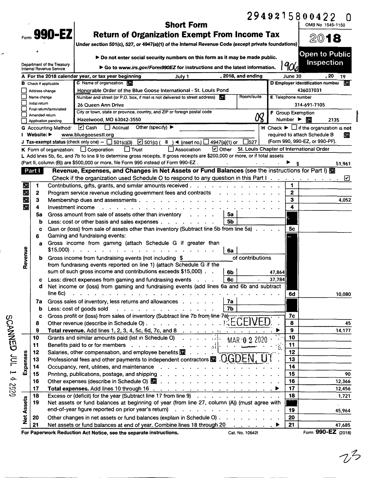 Image of first page of 2018 Form 990EO for Honorable Order of the Blue Goose International - St Louis Pond