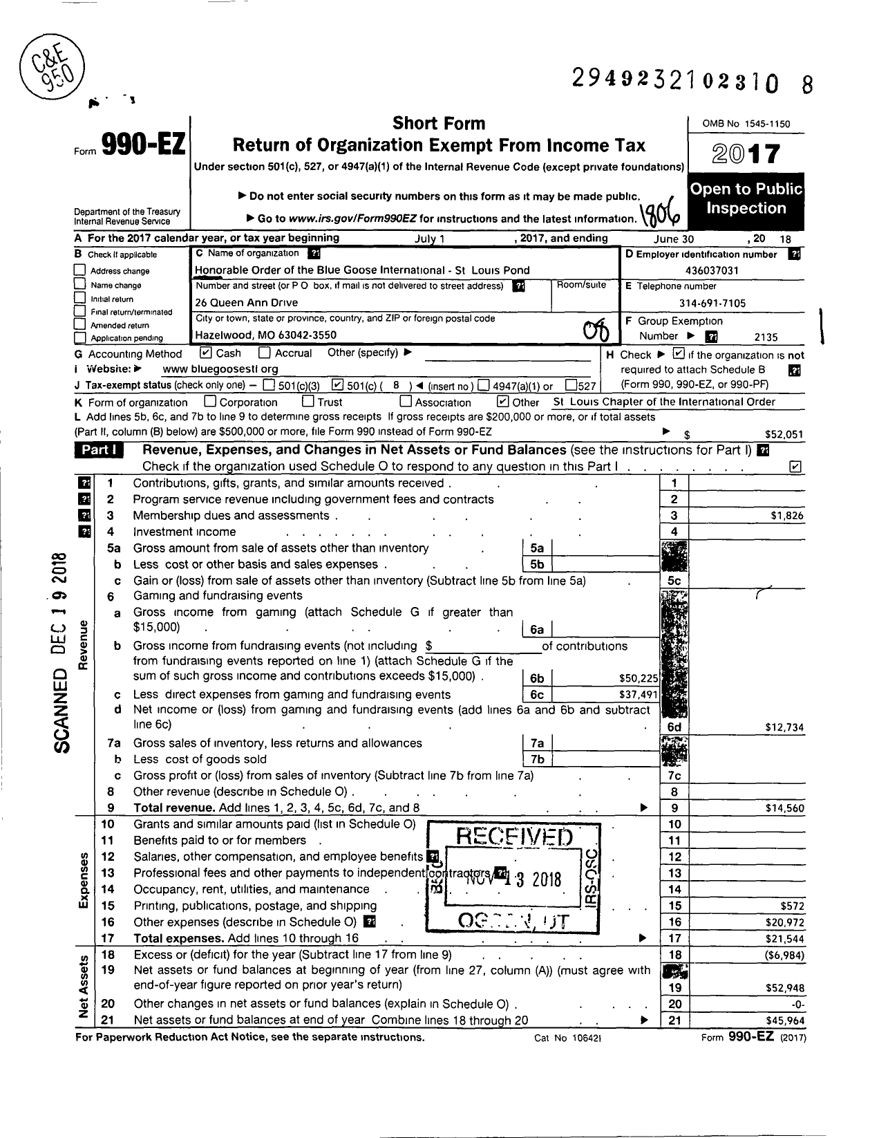 Image of first page of 2017 Form 990EO for Honorable Order of the Blue Goose International - St Louis Pond