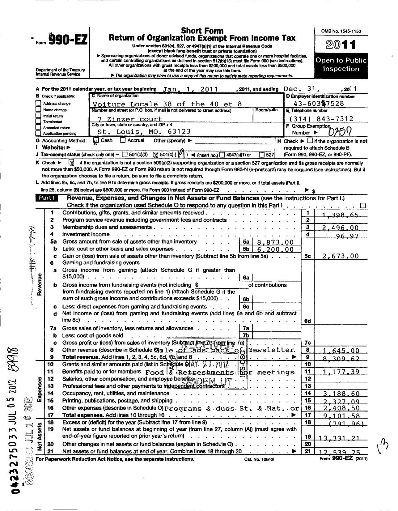 Image of first page of 2011 Form 990EO for The Forty and Eight - 38 Voiture Locale