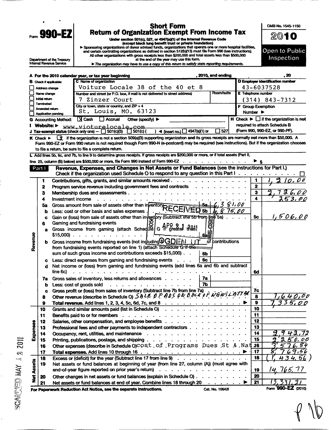 Image of first page of 2010 Form 990EO for The Forty and Eight - 38 Voiture Locale