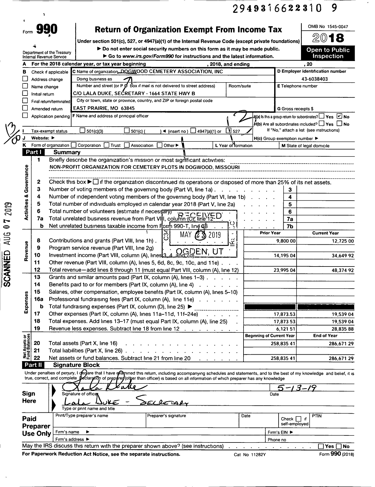 Image of first page of 2018 Form 990O for Dogwood Cemetery Association