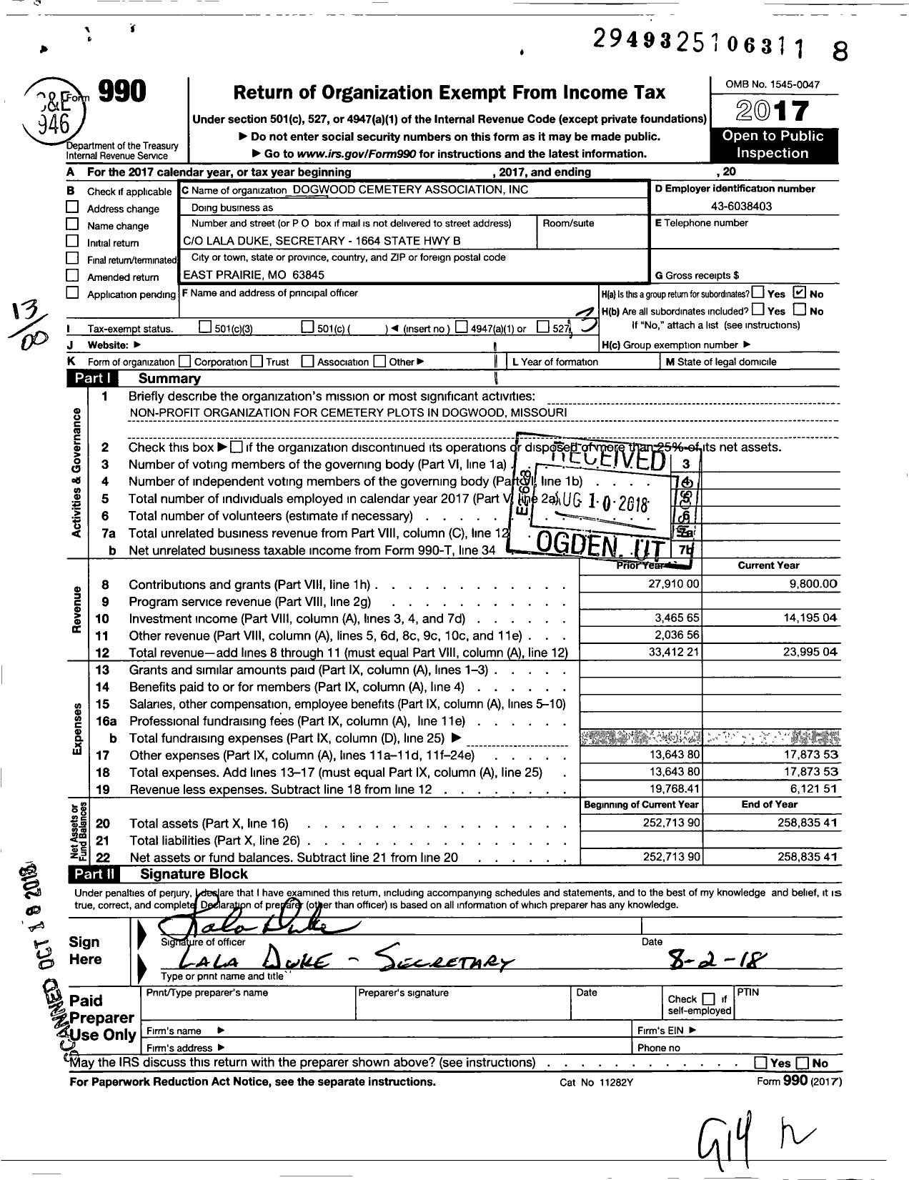 Image of first page of 2017 Form 990O for Dogwood Cemetery Association