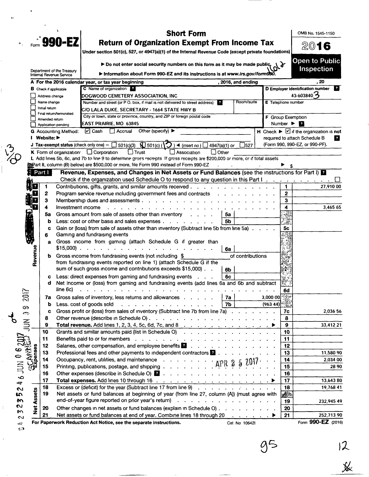 Image of first page of 2016 Form 990EO for Dogwood Cemetery Association