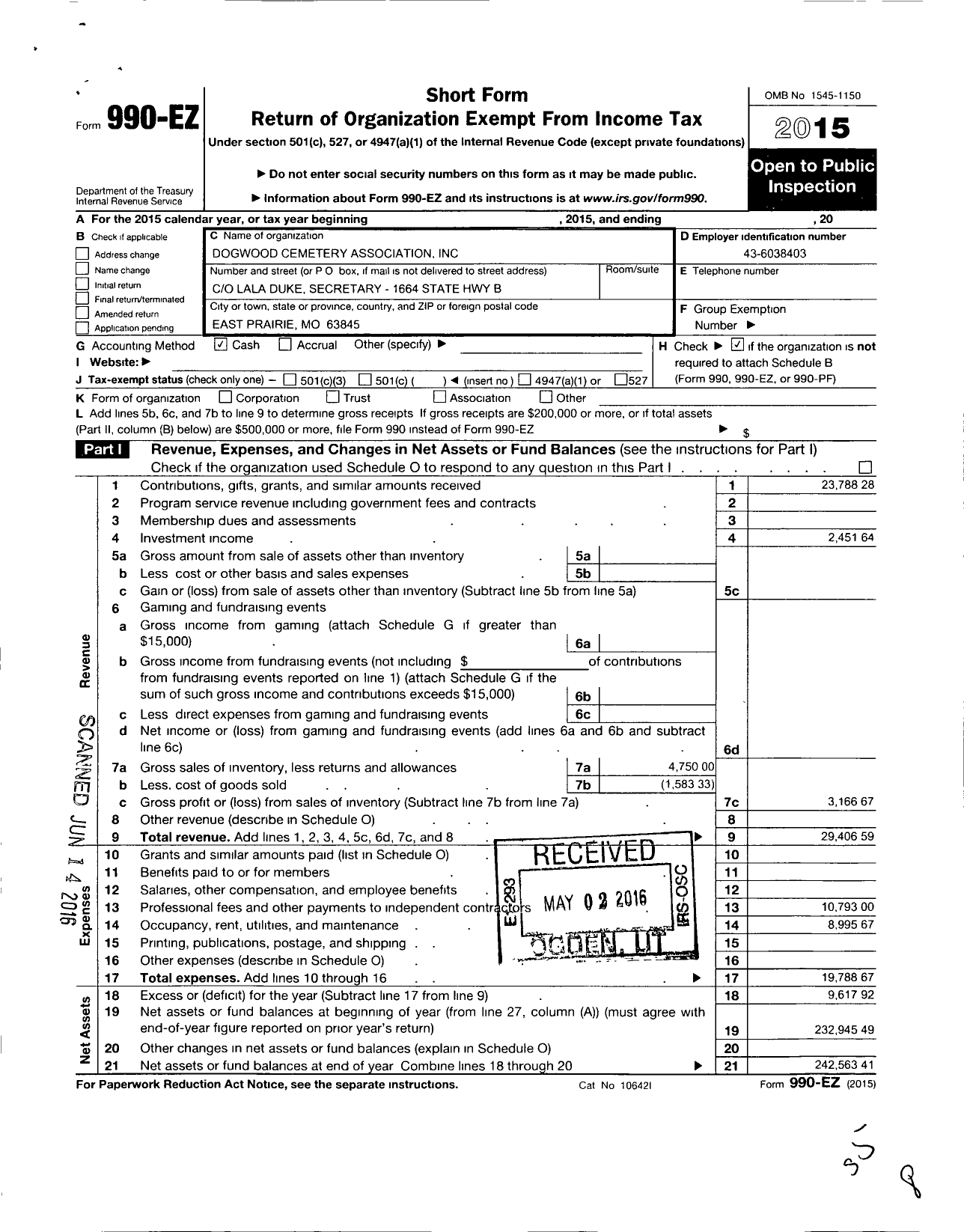 Image of first page of 2015 Form 990EO for Dogwood Cemetery Association