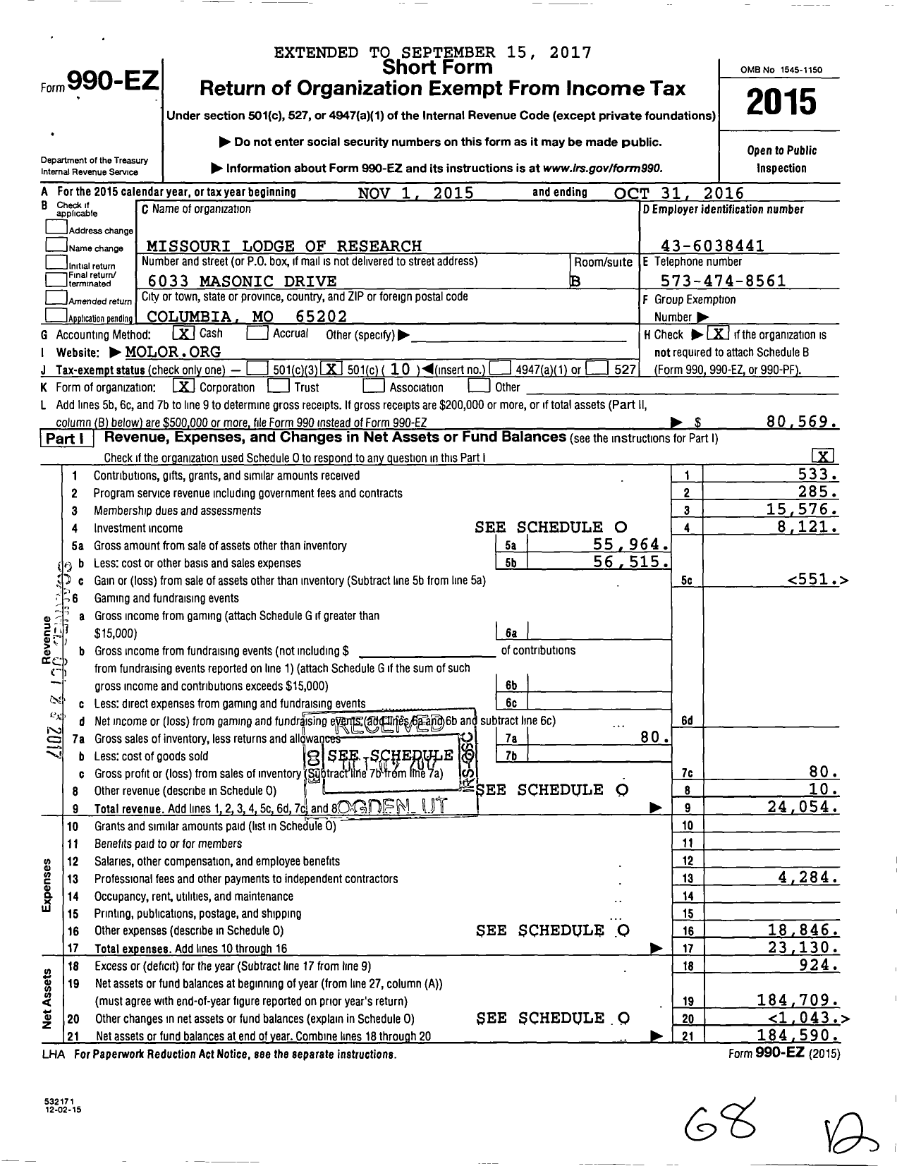 Image of first page of 2015 Form 990EO for Missouri Lodge of Research