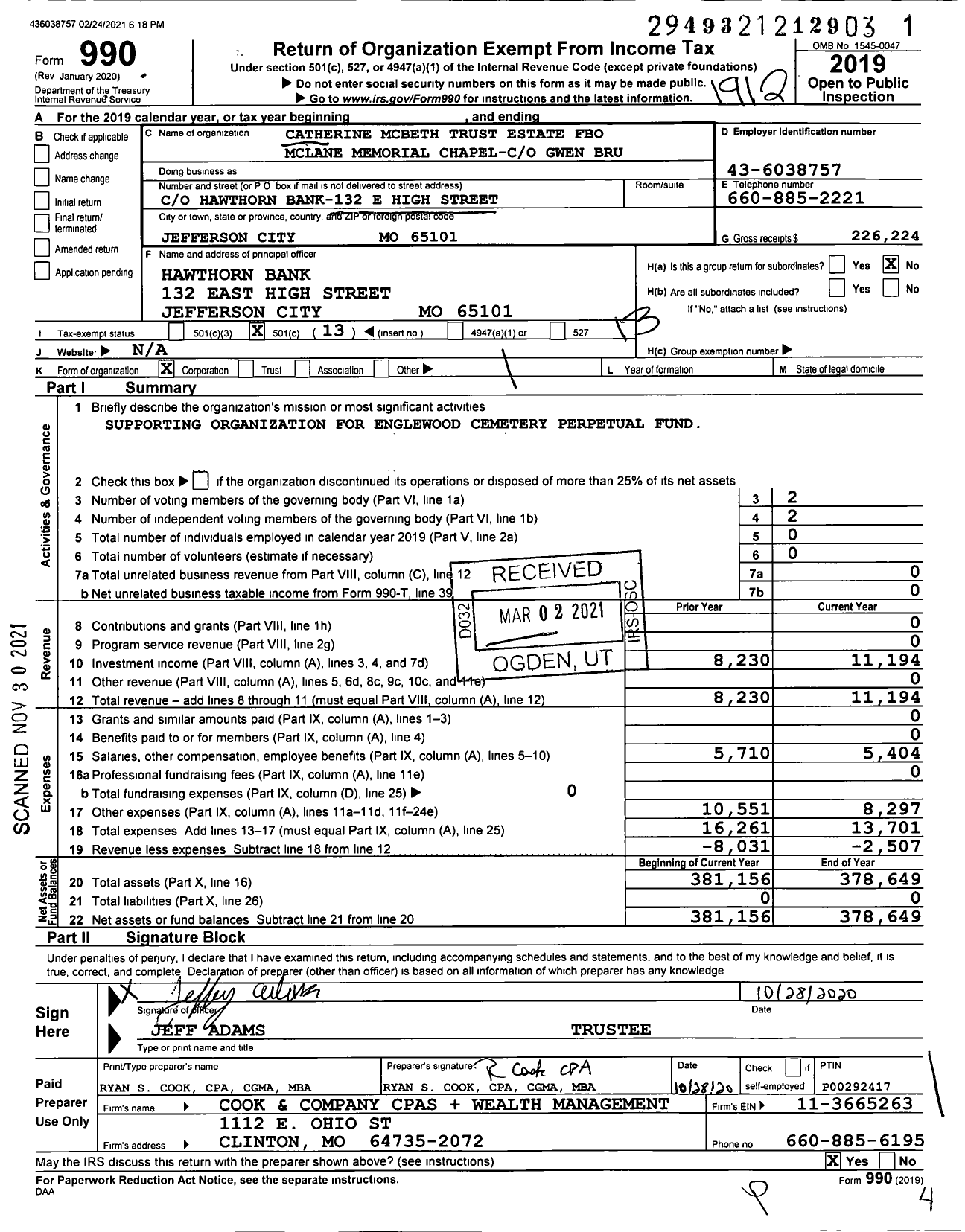 Image of first page of 2019 Form 990O for Catherine Mcbeth Trust Estate Fbo Mclane Memorial Chapel-C / O Gwen Bru