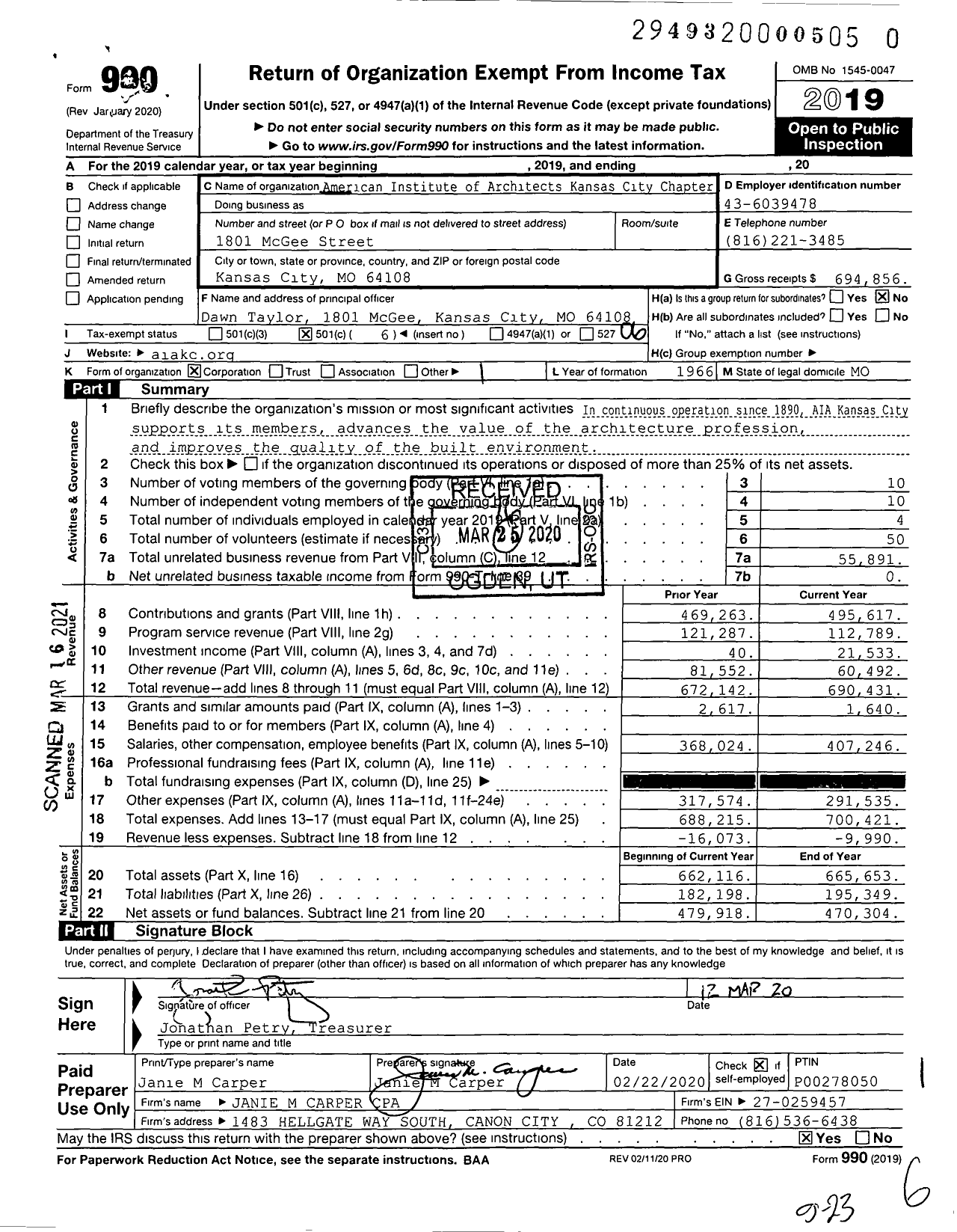 Image of first page of 2019 Form 990O for American Institute of Architects Kansas City Chapter