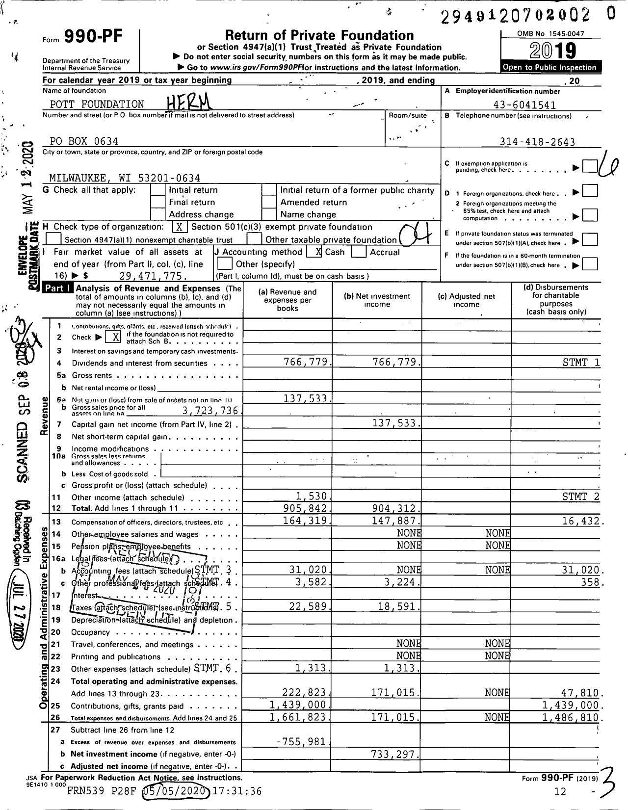 Image of first page of 2019 Form 990PR for Pott Foundation