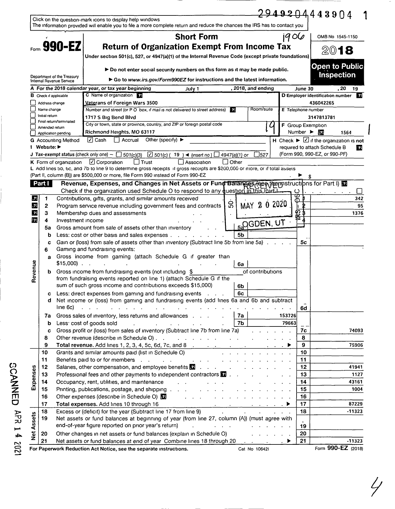 Image of first page of 2018 Form 990EO for Veterans of Foreign Wars 3500