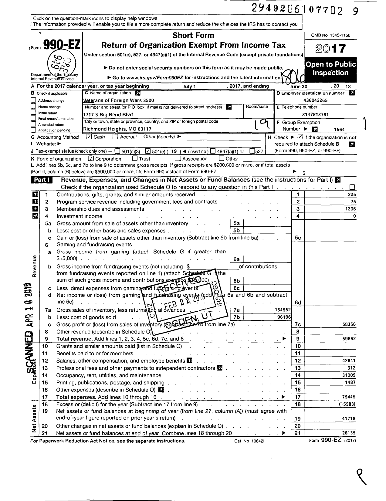 Image of first page of 2017 Form 990EO for Veterans of Foreign Wars 3500