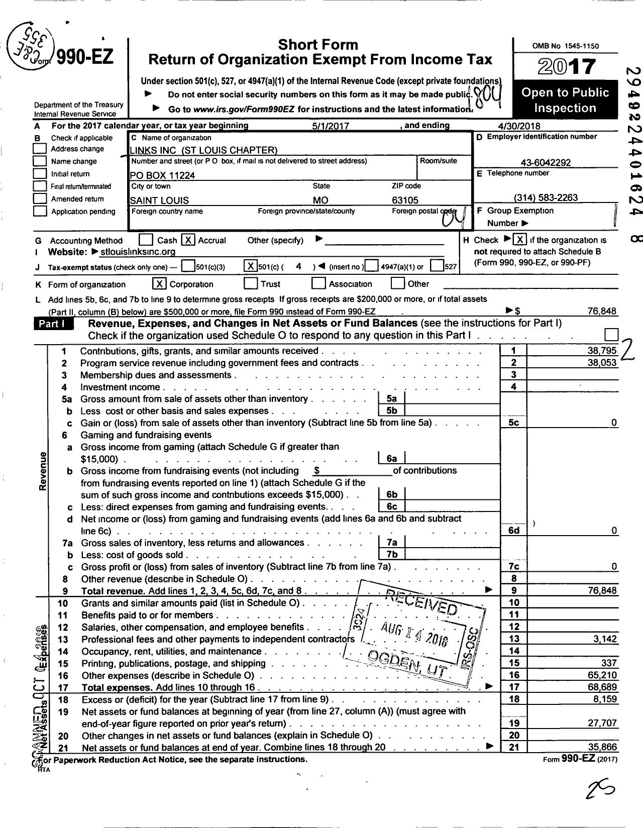 Image of first page of 2017 Form 990EO for Links / St Louis Chapter