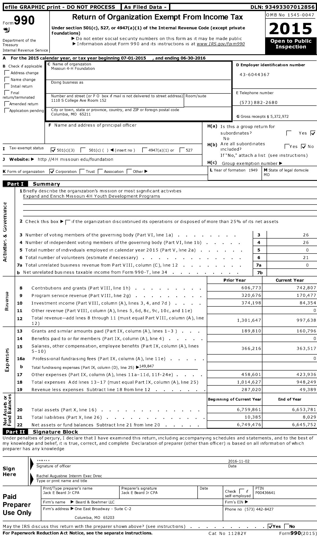 Image of first page of 2015 Form 990 for Missouri 4-H Foundation