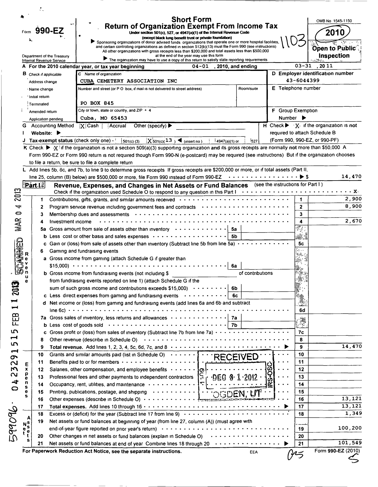 Image of first page of 2010 Form 990EO for Cuba Cemetery Association