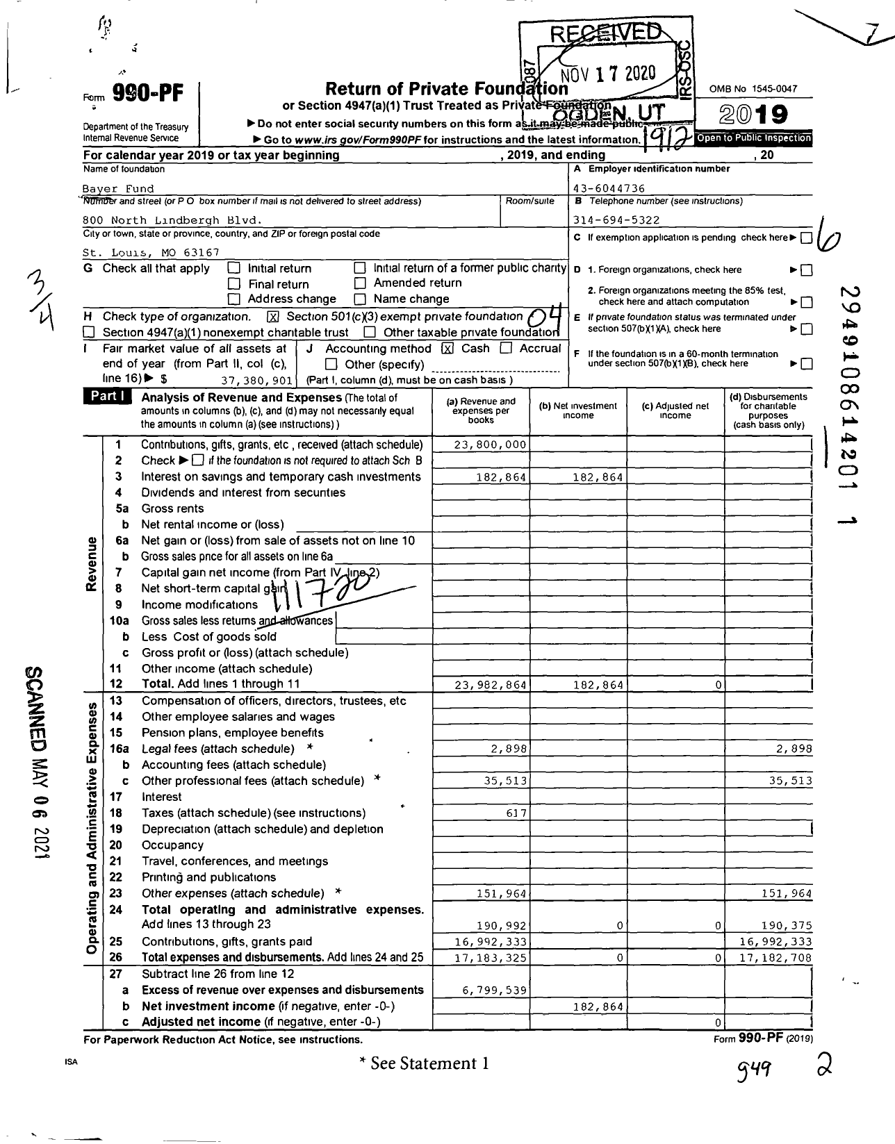 Image of first page of 2019 Form 990PF for Bayer Fund