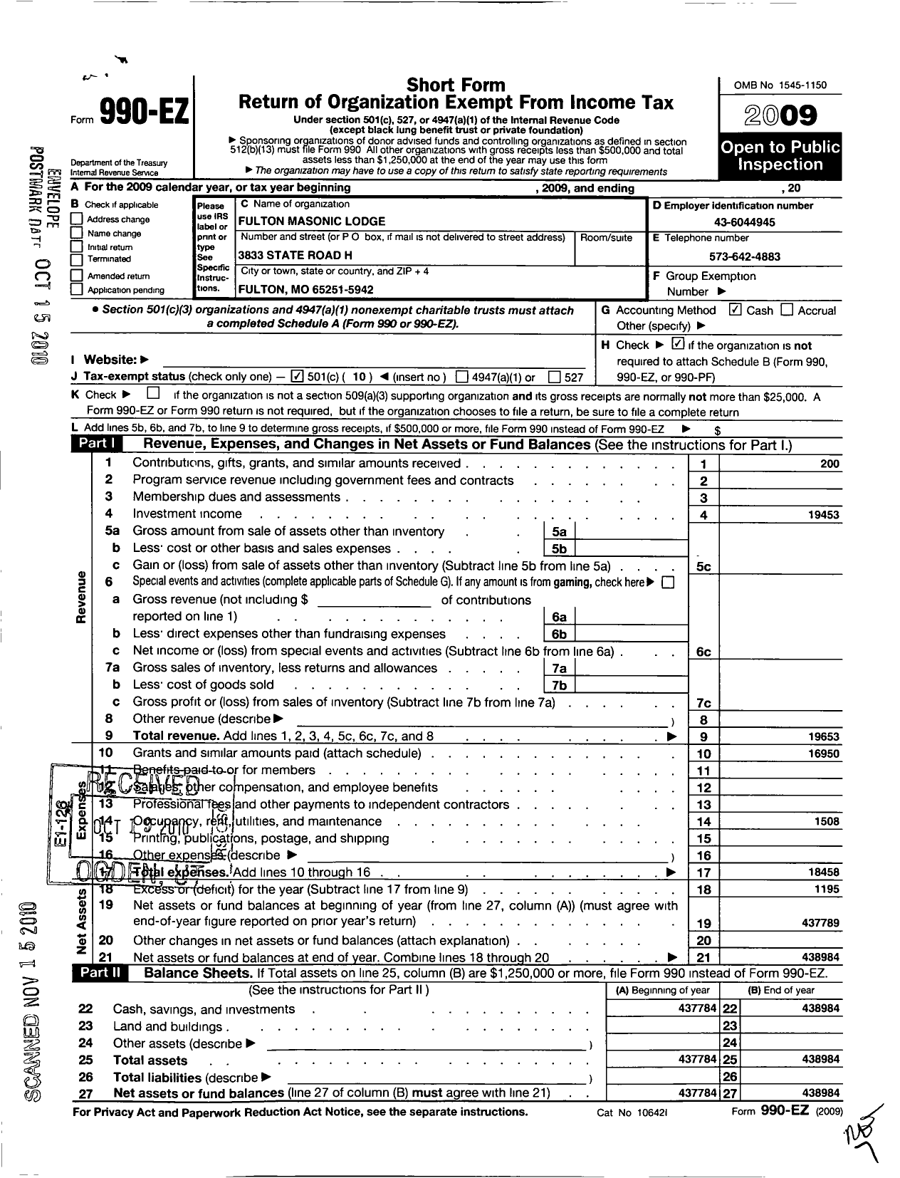 Image of first page of 2009 Form 990EO for Ancient Free and Accepted Masons of Missouri - 48 Fulton Lodge