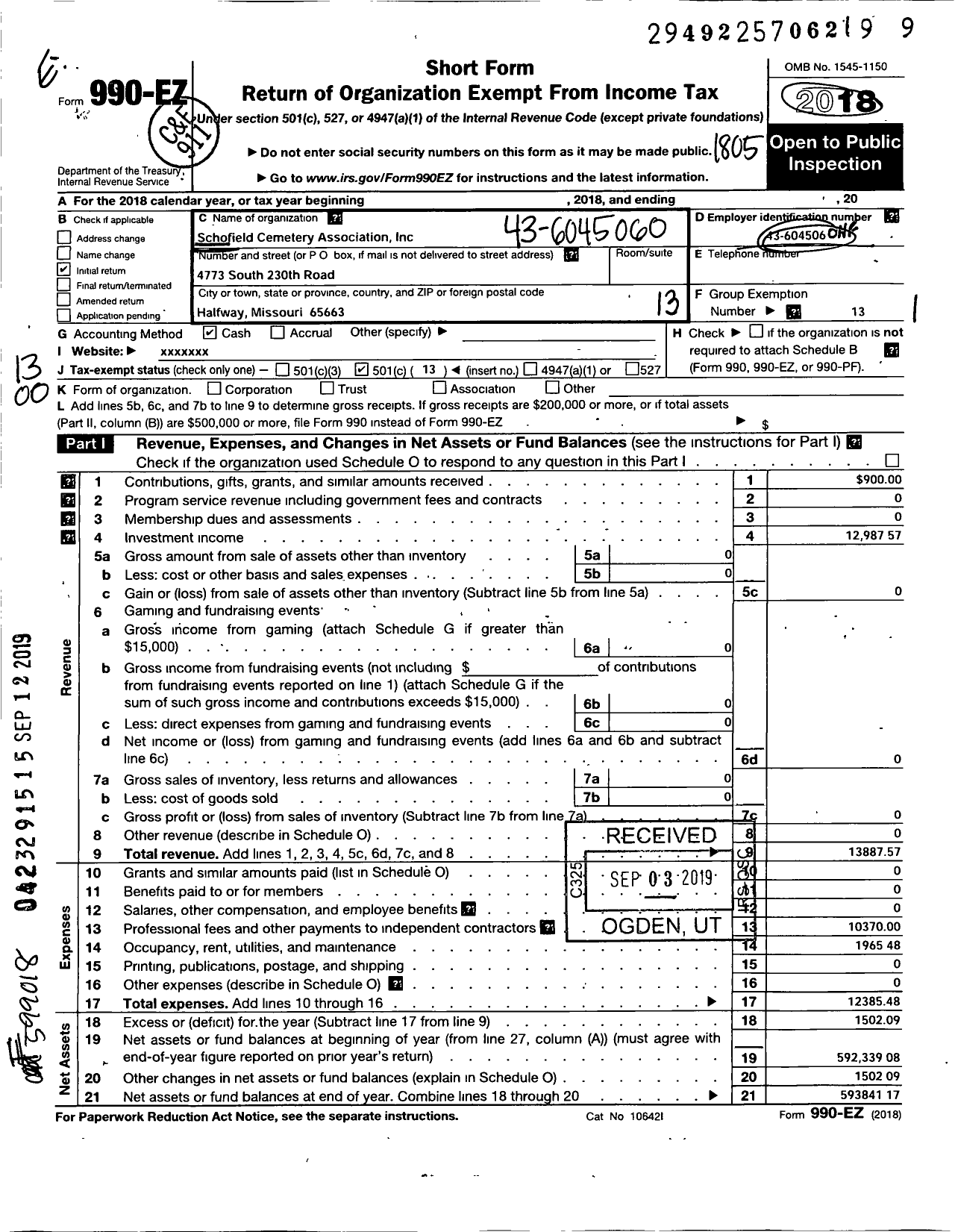 Image of first page of 2017 Form 990EO for Schofield Cemetery