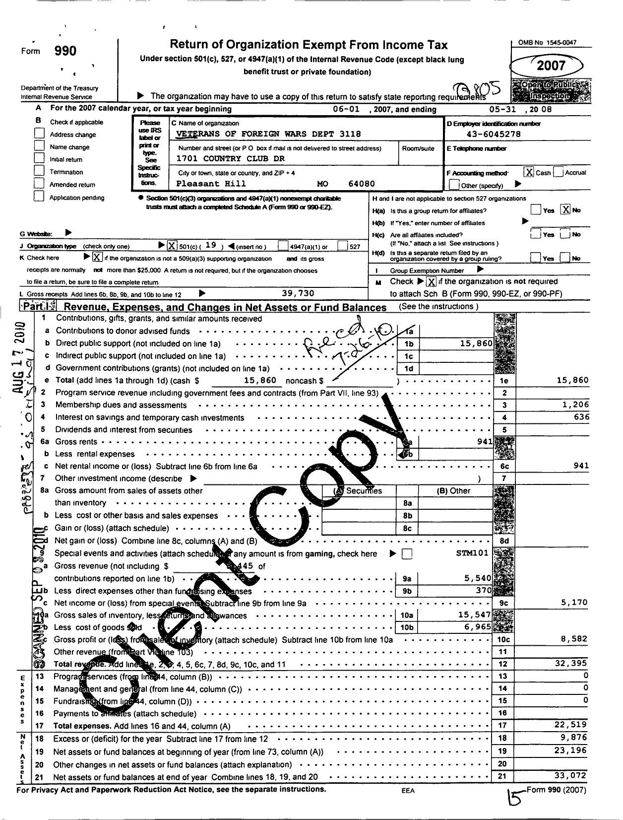 Image of first page of 2007 Form 990O for VFW Missouri - 3118 VFW Post