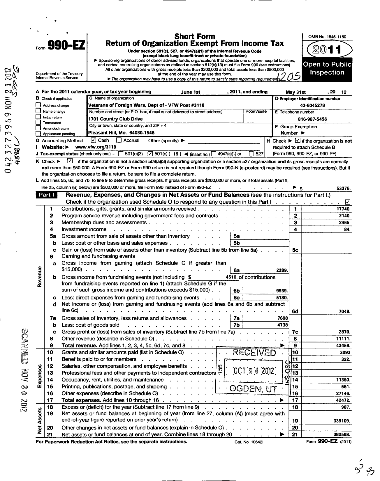 Image of first page of 2011 Form 990EO for VFW Missouri - 3118 VFW Post