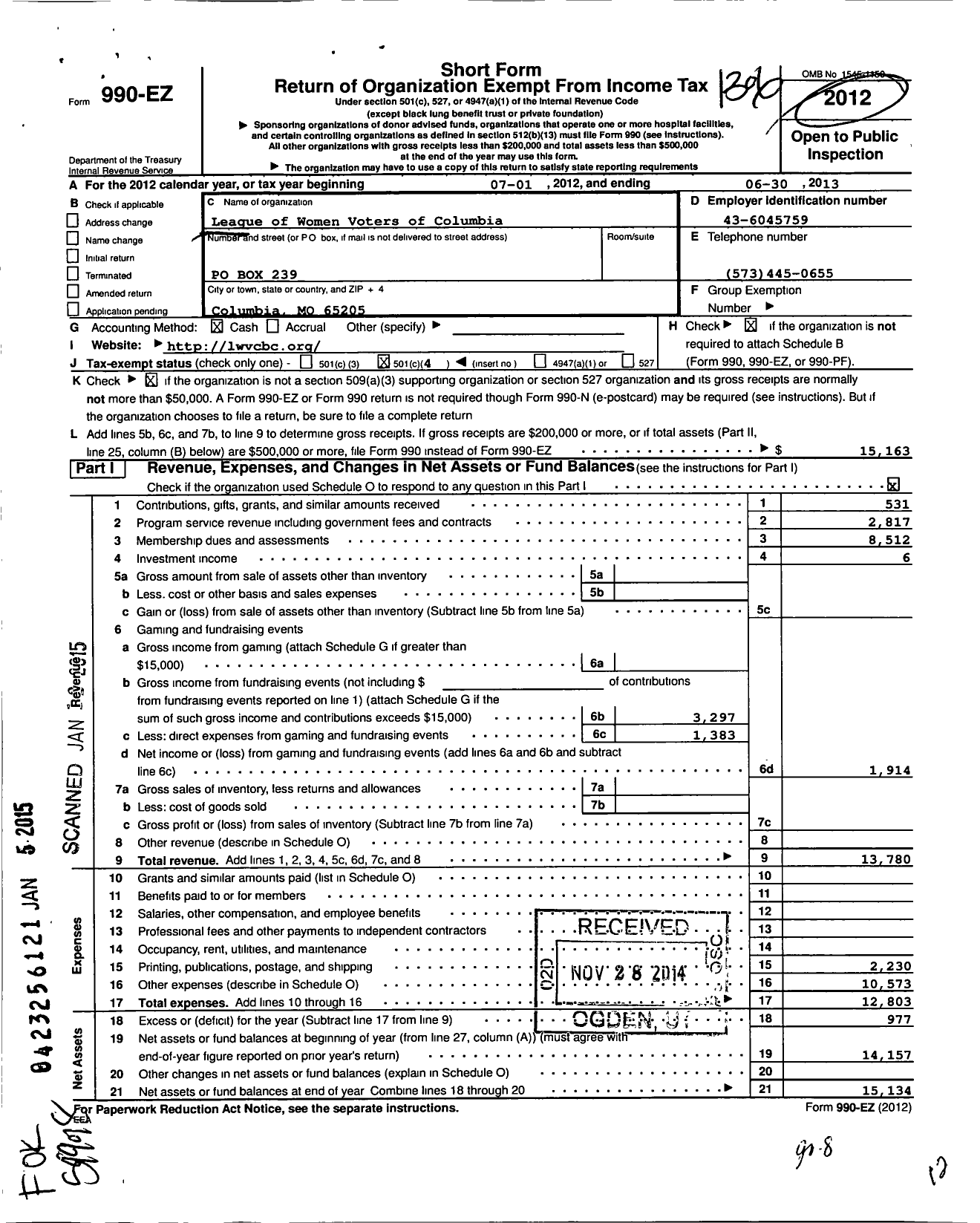 Image of first page of 2012 Form 990EO for League of Women Voter of Columbia- Boone County Missouri