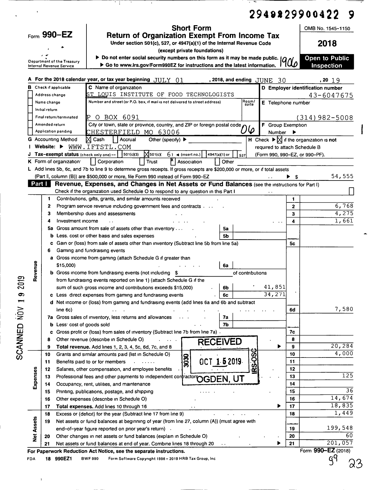 Image of first page of 2018 Form 990EO for St Louis Institute of Food Technologists